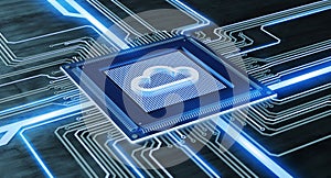 CPU processor chip with a cloud and network connection on a circuit board - 3d render