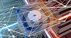 CPU processor chip with a gear and network connection on a circuit board - 3d render