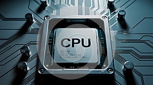 CPU Processor on Motherboard with Circuit Traces and Pins microchip computer