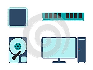 CPU, RAM, HDD and computer icon. Flat Vector illustration on white background.