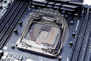 CPU socket on the motherboard. Toned image
