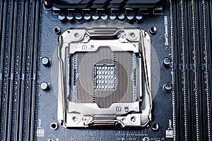 CPU socket on the motherboard. Top view. Toned image