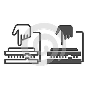 CPU soket line and solid icon. Processor integrating to board with hand pointer symbol, outline style pictogram on white