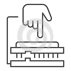 CPU soket thin line icon. Processor integrating to board with hand pointer symbol, outline style pictogram on white