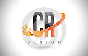 CR C R Letter Logo with Fire Flames Design and Orange Swoosh.