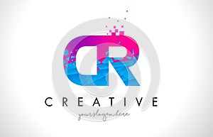 CR C R Letter Logo with Shattered Broken Blue Pink Texture Design Vector.