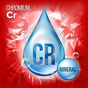 Cr Chromium Vector. Mineral Blue Drop Icon. Vitamin Liquid Droplet Icon. Substance For Beauty, Cosmetic, Heath Promo Ads