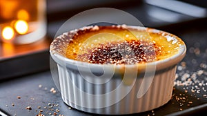 CrÃ¨me BrÃ»lÃ©e with a Crunchy Caramelized Sugar Crust. Blurred Background photo