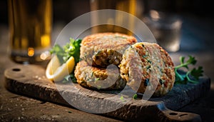 Crab Cakes On Stone, Blurred Background, Rustic Pub. Generative AI
