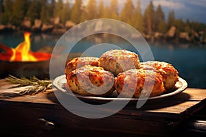 Crab Cakes On Stone, Blurred Background, Rustic Pub Generative Ai