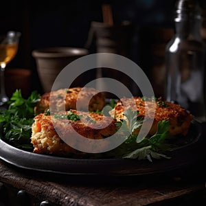 Crab Cakes On Stone In Rustic Pub. Generative AI