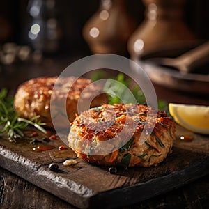 Crab Cakes On Stone In Rustic Pub. Generative AI
