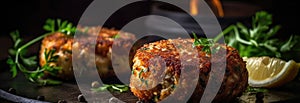 Crab Cakes On Stone Rustic Pub Wide Panoramic. Generative AI