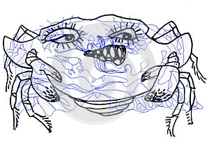 Crab character in comic style. The crab grins. Ink drawing. Disgruntled crab.