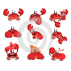 Crab character with different emotions, cute sea creature with funny face vector Illustration on a white background