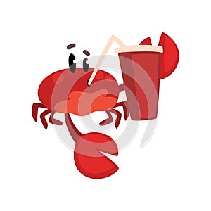 Crab character with paper cup of soda drink with straw, cute sea creature with funny face vector Illustration on a white