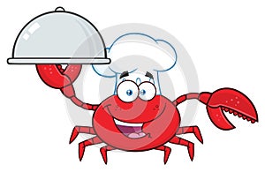 Crab Chef Cartoon Mascot Character Holding A Platter