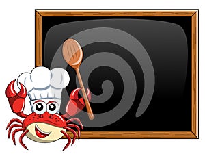 Crab chef mascot presenting teaching blank blackboard chalkboa
