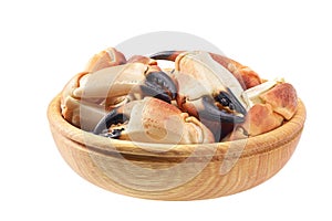 Crab claws in a wooden bowl  isolated on white background