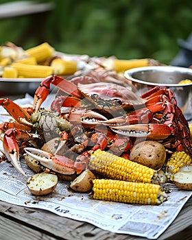 Crab and corn and potato dish is on a table
