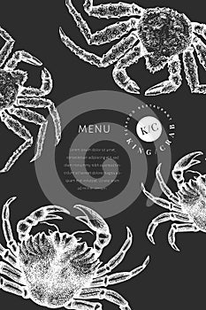 Crab design template. Hand drawn vector seafood illustration on chalk board. Engraved style crustacean. Vintage lobster banner