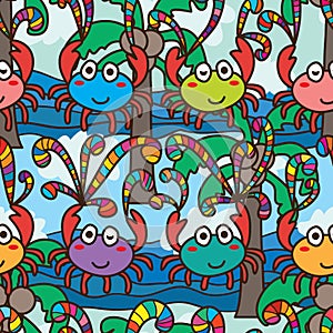 Crab fly happy colorful seamless pattern