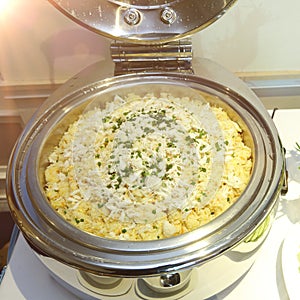 Crab Fried Rice with egg for catering, dinner, lunch, breakfast in stainless pot in Asian style