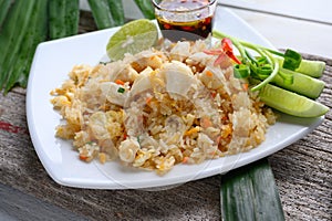 Crab Fried Rice On A White Plate