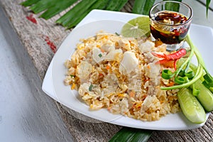 Crab Fried Rice On A White Plate