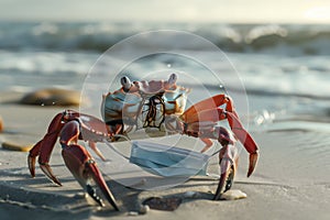 Crab grabbing a face mask on the beach