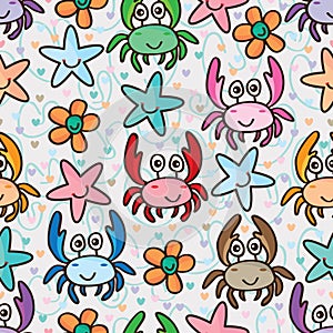 Crab happy star flower colorful seamless pattern
