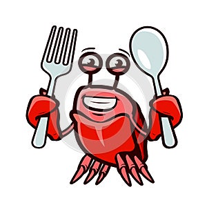Crab holds fork and spoon. Seafood, cartoon vector illustration
