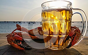 Crab with a huge claw and a mug of light bee