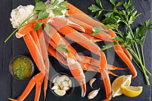 Crab legs with melted butter, close-up
