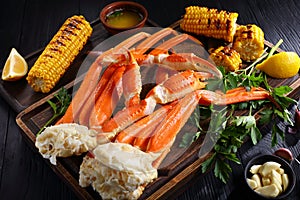 Crab legs served with melted butter