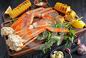 Crab legs served with melted butter