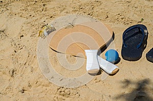 Crab looking at sand beach tennis rackets, caipirinha drink