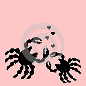 Crab lovers . Hearts, Black Silhouettes of sea animals on pink. Valentine`s day card, place for text