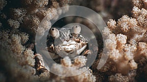 Crab peeping through soft coral in aquatic wonderland. photo