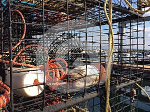 Crab pots on pier. (Close Up)