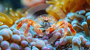 A crab resting among coral