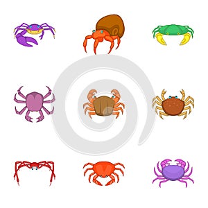 Crab sea animals icons set, cartoon style