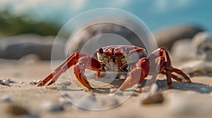 Crab by the sea on the beach macro. Ai Generative
