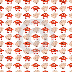 Crab and seashell pattern. Cute cartoon print for baby textiles and beach products.