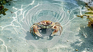 Crab in shallow clear water with sunlight reflections on the sandy bottom, surrounded by small pebbles and seaweed photo