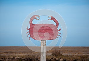 Crab sign near Orford quay, Orfordness, Suffolk, England