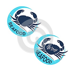 Crab silhouette. Circular seafood symbols, labels on white background for produkt design or menu restaurant.
