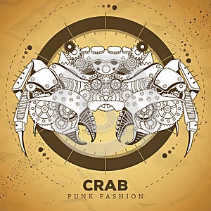 Crab silhouette with gears on old paper texture background. Punk style.