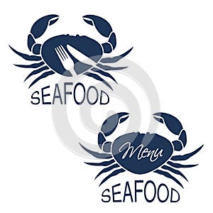 Crab silhouette with symbol of menu and symbol of knife, fork. Seafood symbols on white background for produkt design or menu res