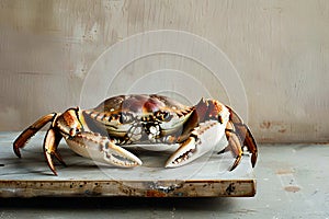 A crab sitting on a wooden board
